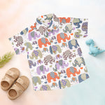 Boon Babies Jaipur cotton elephant print shirt and matching shorts set for summer, featuring a straight collar and colorful elephant design.