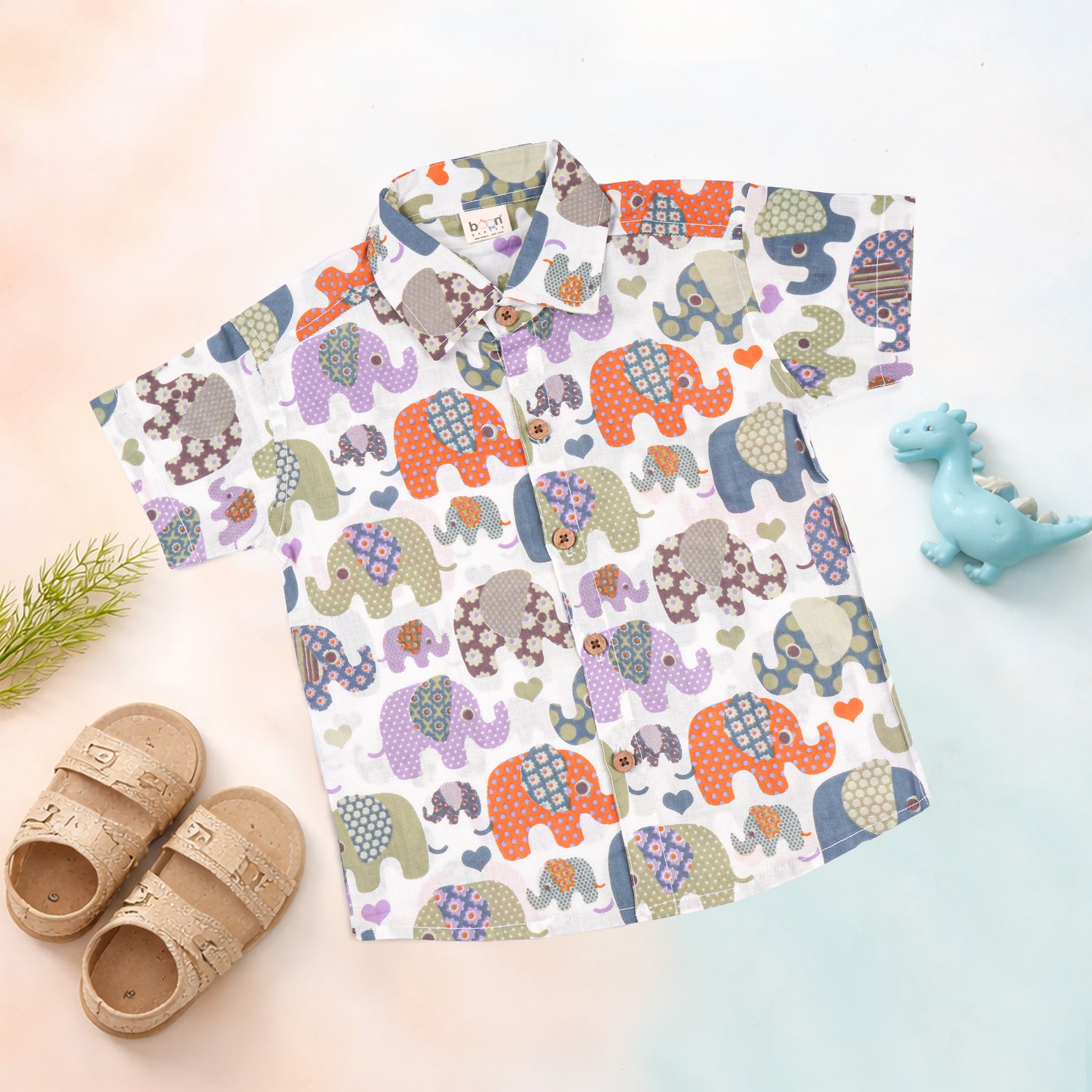 Boon Babies Jaipur cotton elephant print shirt and matching shorts set for summer, featuring a straight collar and colorful elephant design.