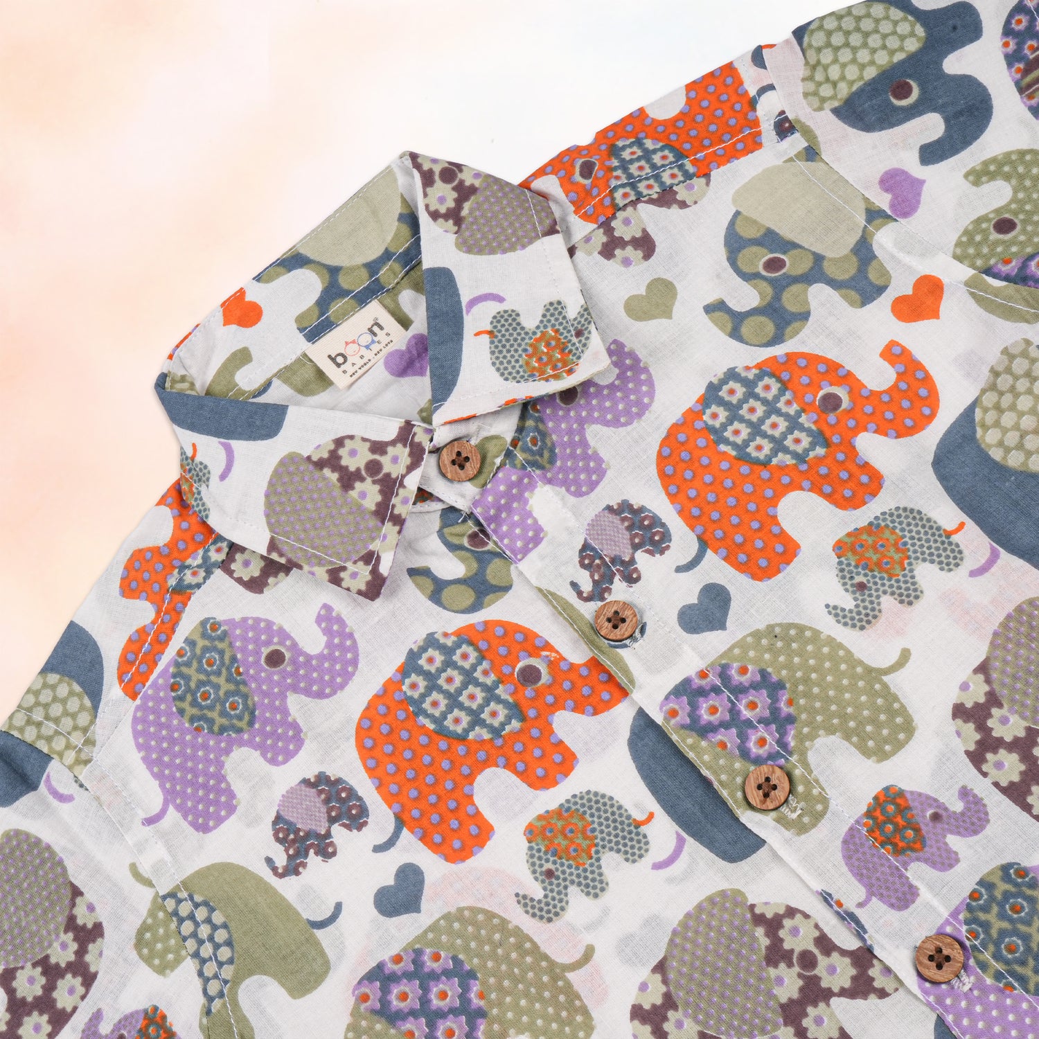 Jaipur cotton elephant print shirt and shorts set for summer, straight collar, colorful Boon Babies children's summer wear.