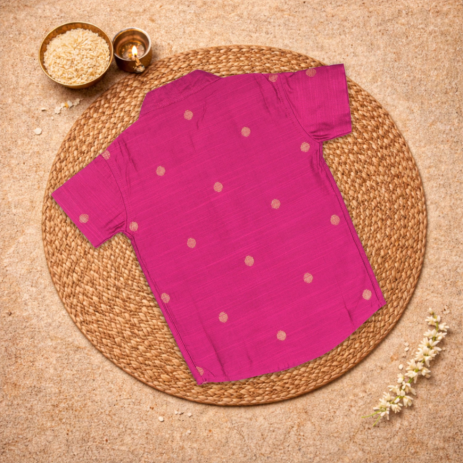 Boys pink silk butta shirt and dhoti set, traditional ethnic outfit for boys, featuring festive pink silk fabric and intricate design.
