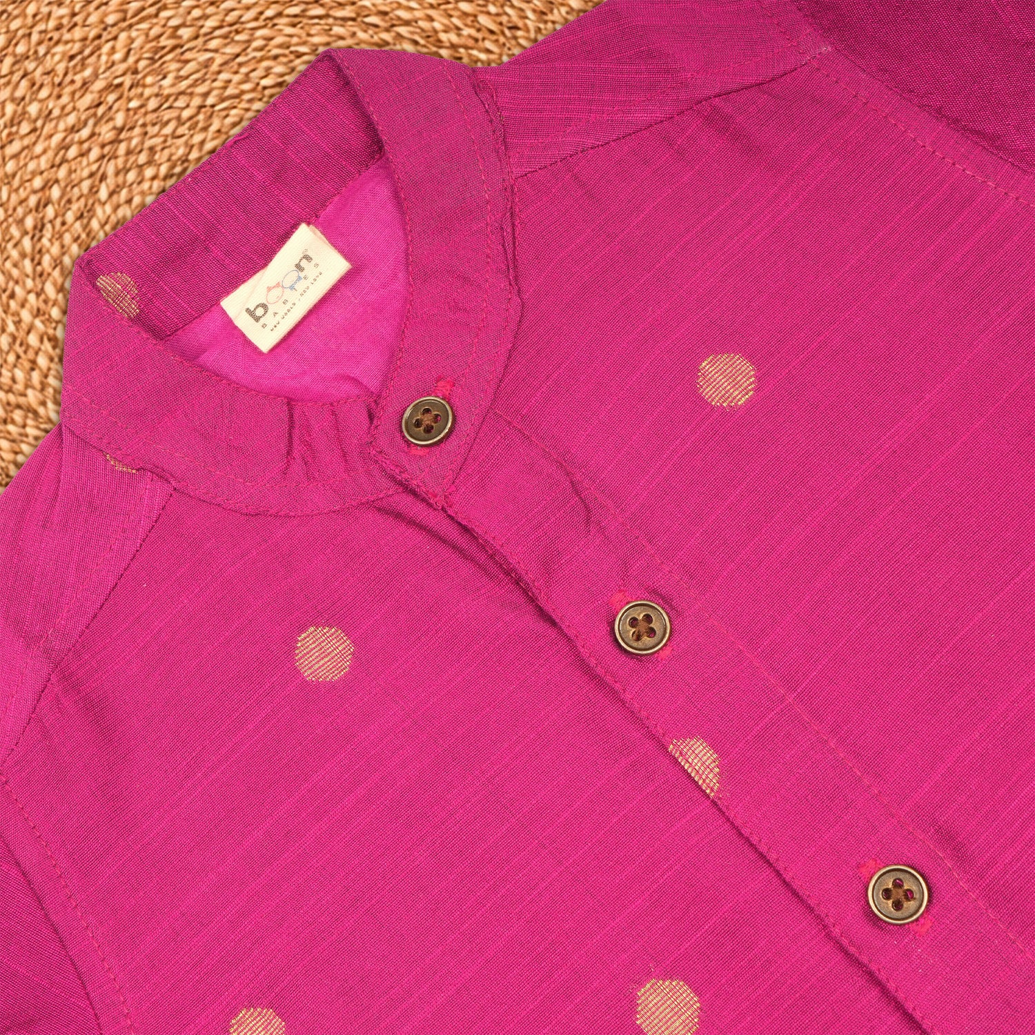 Boys pink silk Butta shirt and dhoti set by Booon Babies, traditional festive ethnic outfit for boys, with intricate design details.