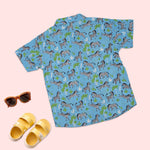 Blue zebra print boys' co-ord set by Boon Babies featuring a printed shirt with Chinese collar and matching shorts.