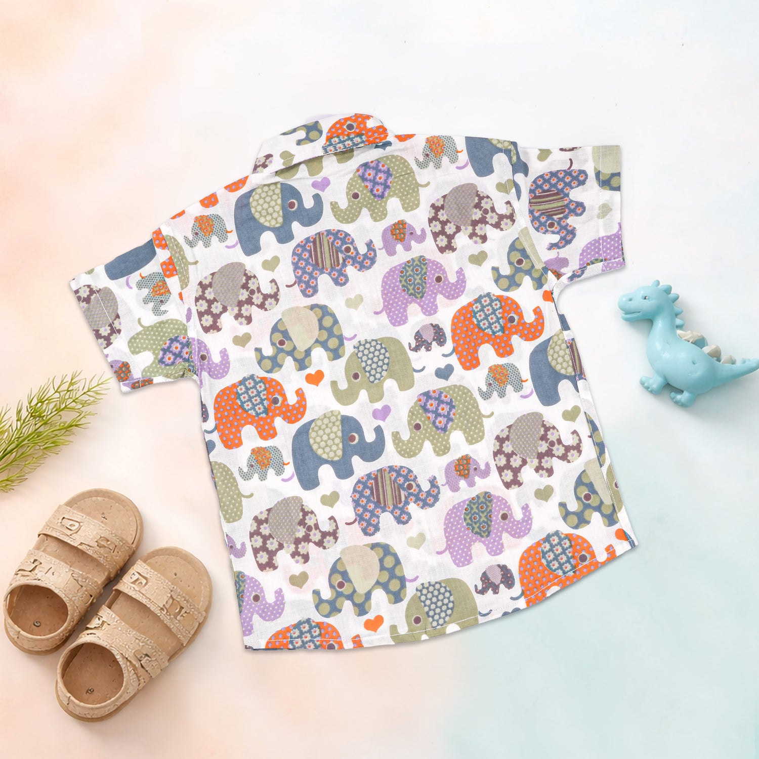 Boy wearing Jaipur Cotton Elephant Print shirt and matching shorts from Boon Babies, featuring a straight collar and vibrant elephant print.