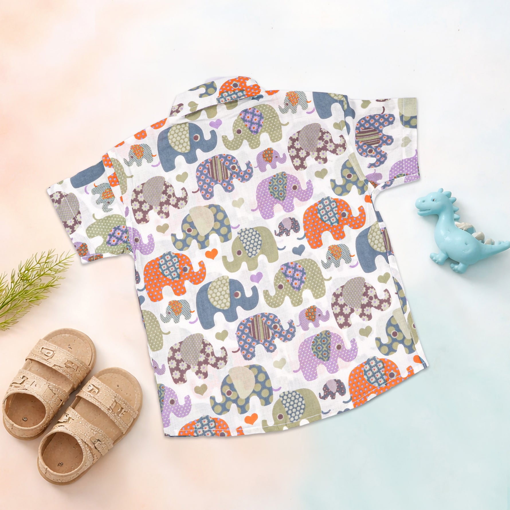 Boy wearing Jaipur Cotton Elephant Print shirt and matching shorts from Boon Babies, featuring a straight collar and vibrant elephant print.