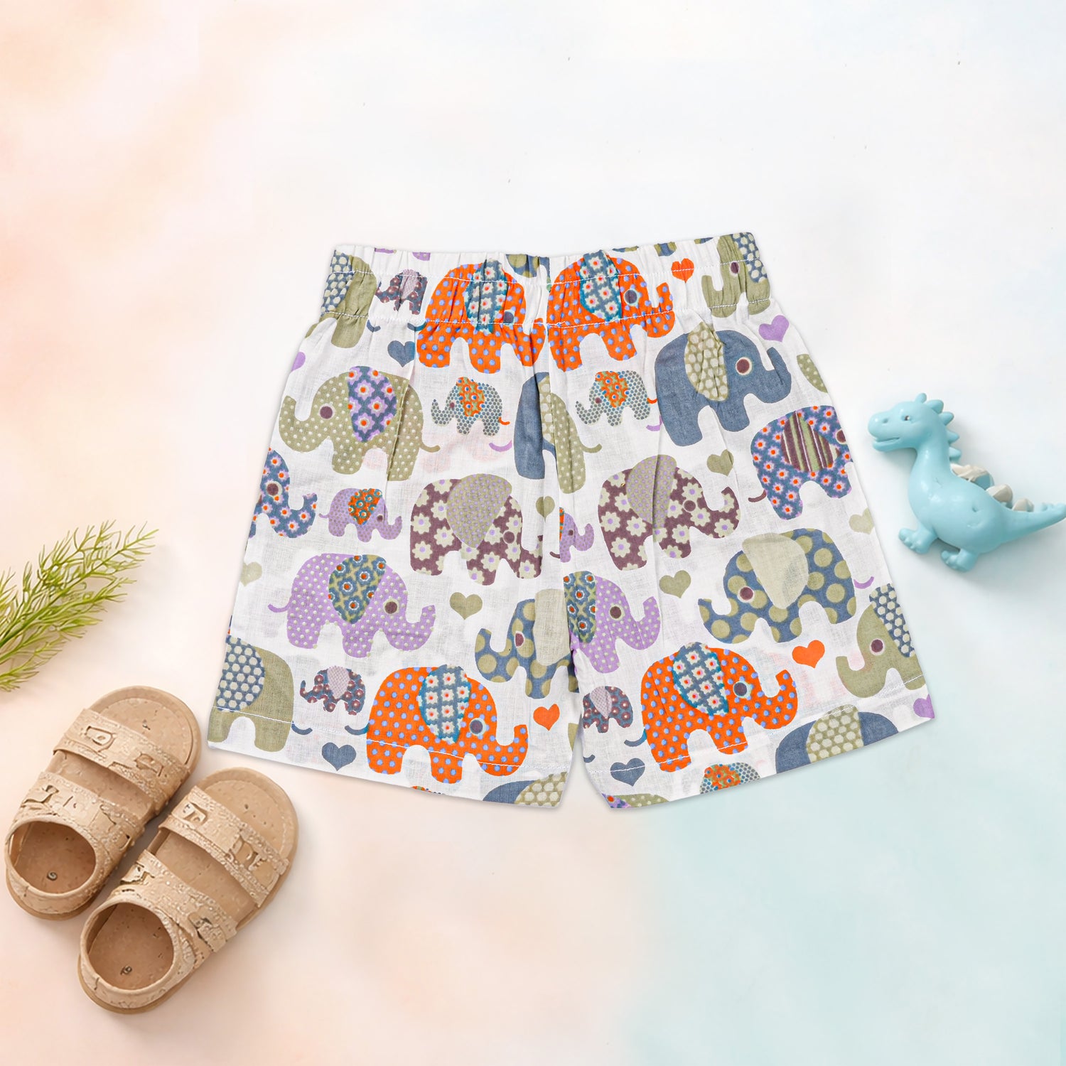 Boy wearing Jaipur Cotton Elephant Print shirt and shorts set from Boon Babies, featuring a straight collar and summer casual style.