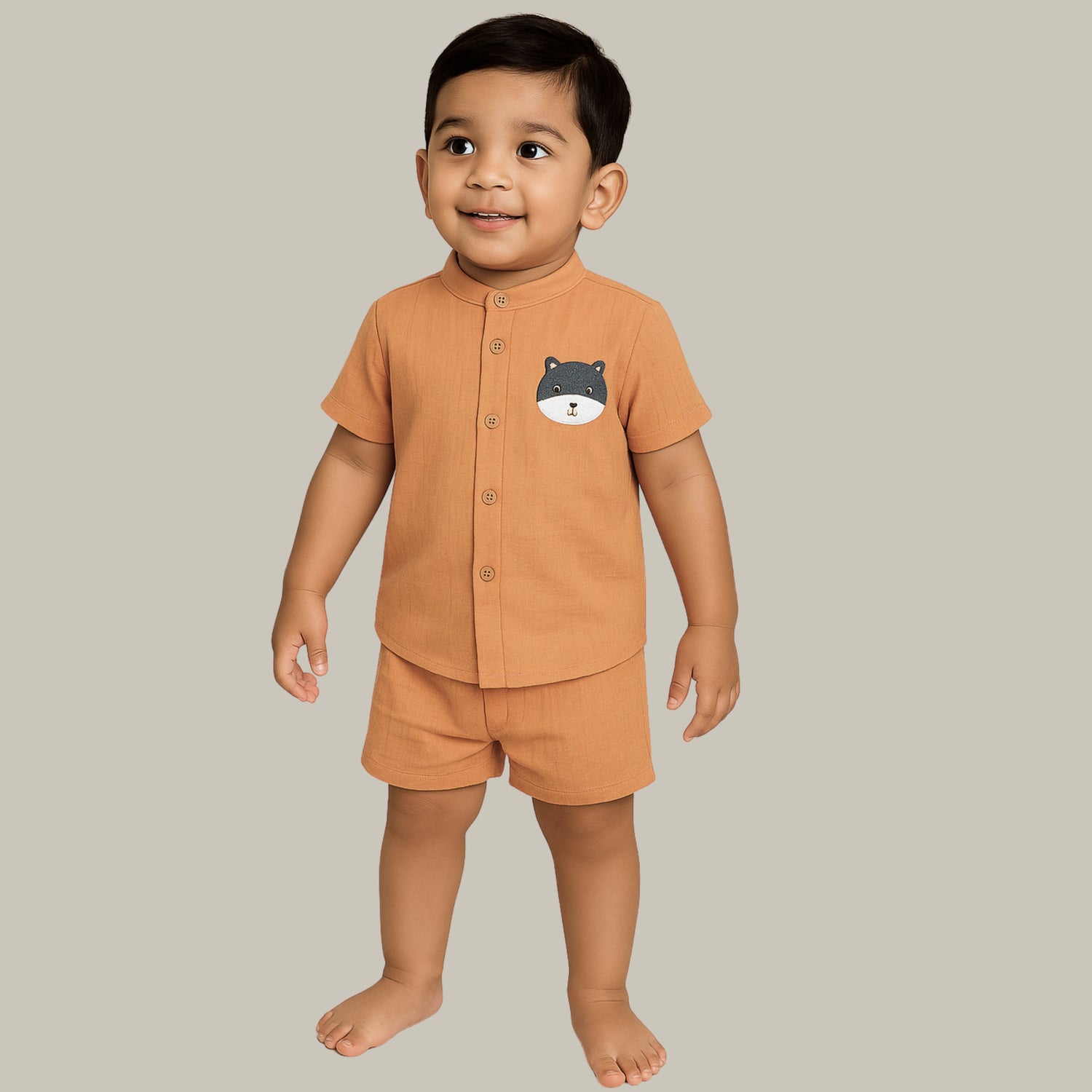 Orange Muslin Shirt & Shorts – Hippo Embroidery