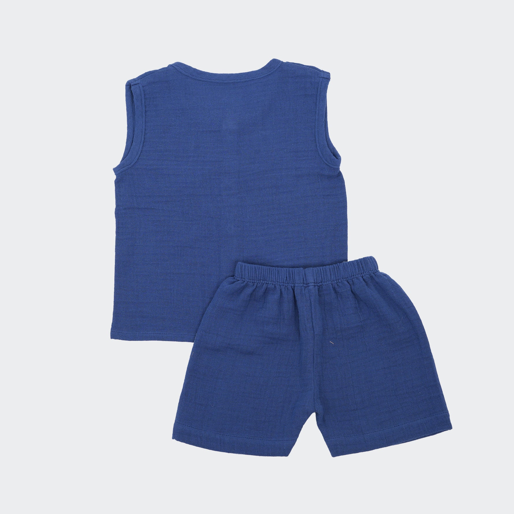 Soft navy blue crinkled muslin jabla and shorts set for babies (3–18 months), designed for breathable daily comfort.