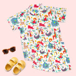 Boon Babies Red Jungle Adventure co-ord set for boys featuring a printed shirt with Chinese collar and matching shorts.