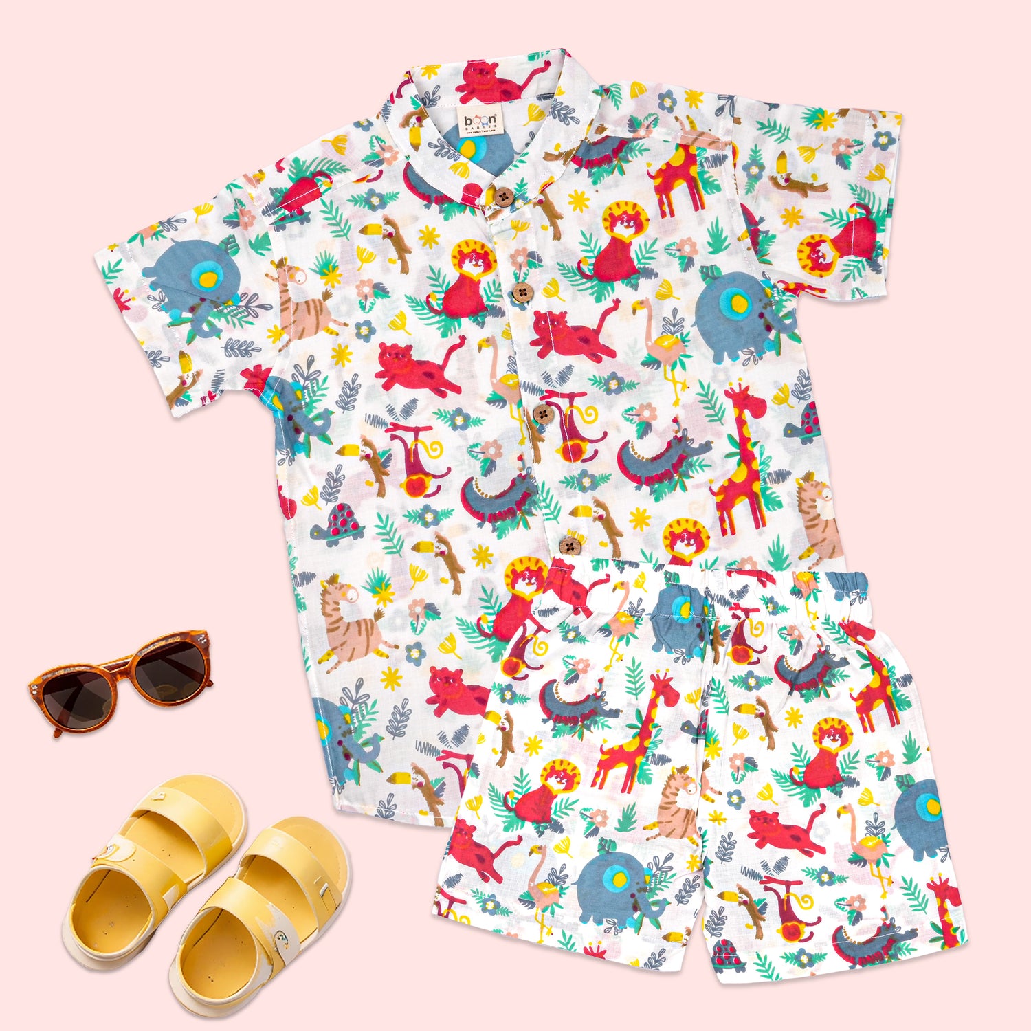 Boon Babies Red Jungle Adventure co-ord set for boys featuring a printed shirt with Chinese collar and matching shorts.