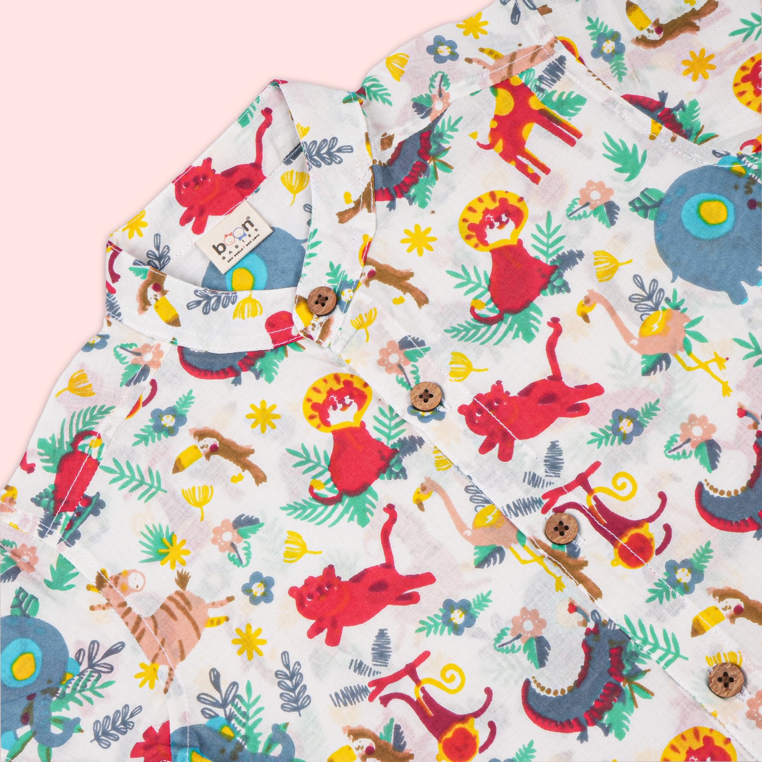 Boon Babies boys red jungle adventure co-ord set with printed shirt and shorts featuring a Chinese collar, perfect for playful outdoor wear.