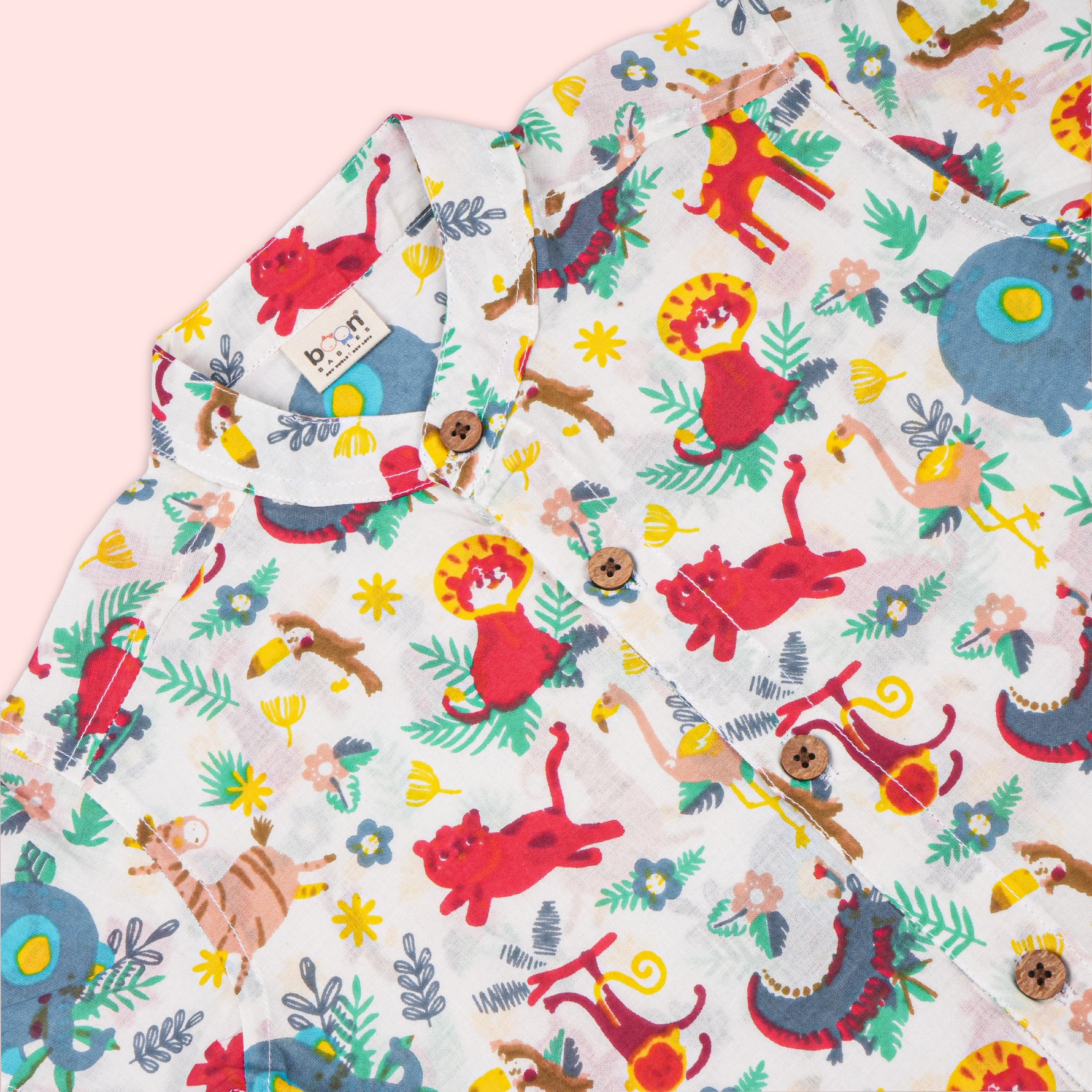 Boon Babies boys red jungle adventure co-ord set with printed shirt and shorts featuring a Chinese collar, perfect for playful outdoor wear.