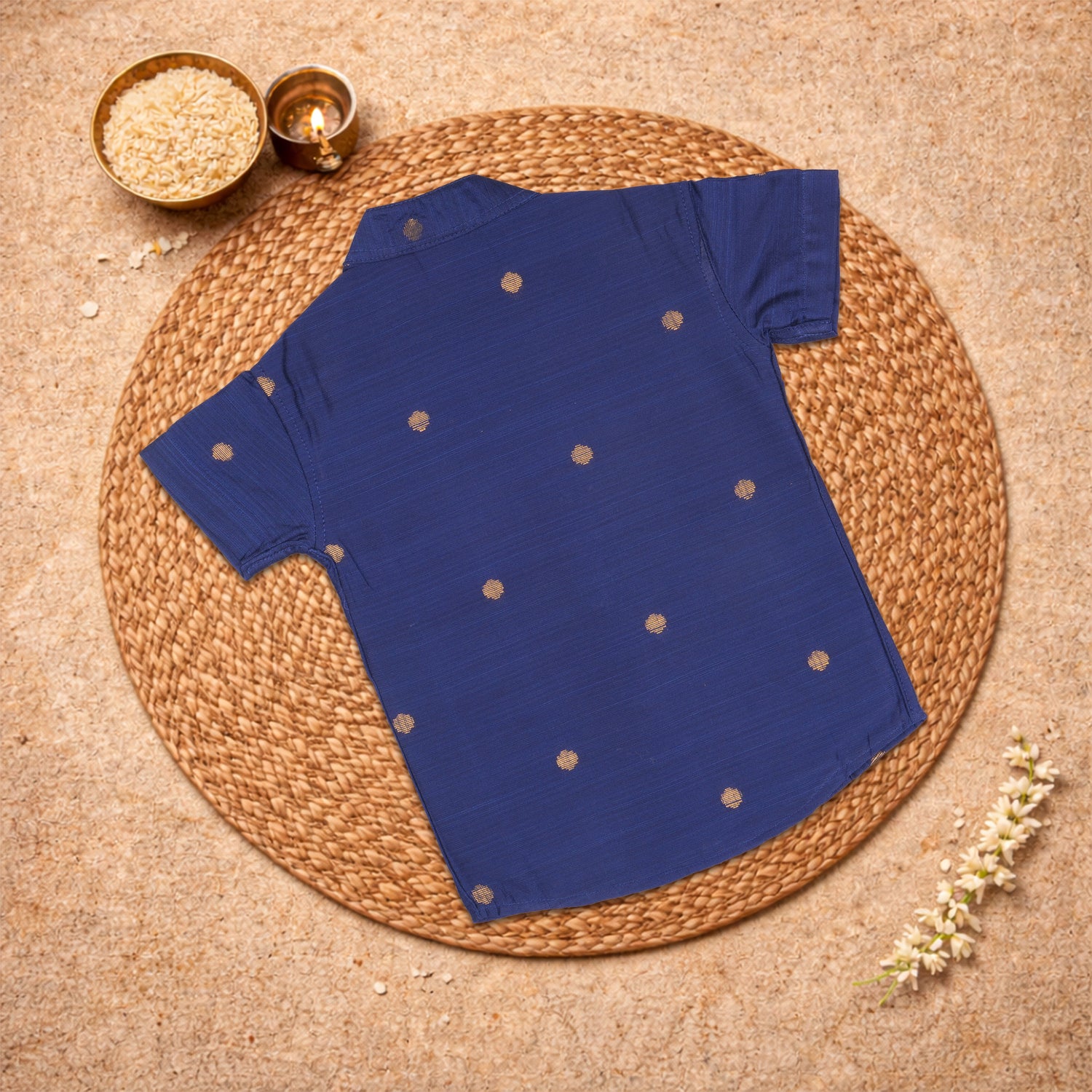 Boys royal blue silk butta ethnic shirt and dhoti set by Booon Babies, traditional Indian traditional wear for boys.