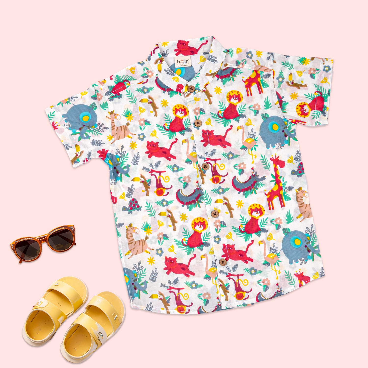 Boon Babies boys red jungle adventure co-ord set with printed shirt and shorts featuring a Chinese collar, casual and colorful.
