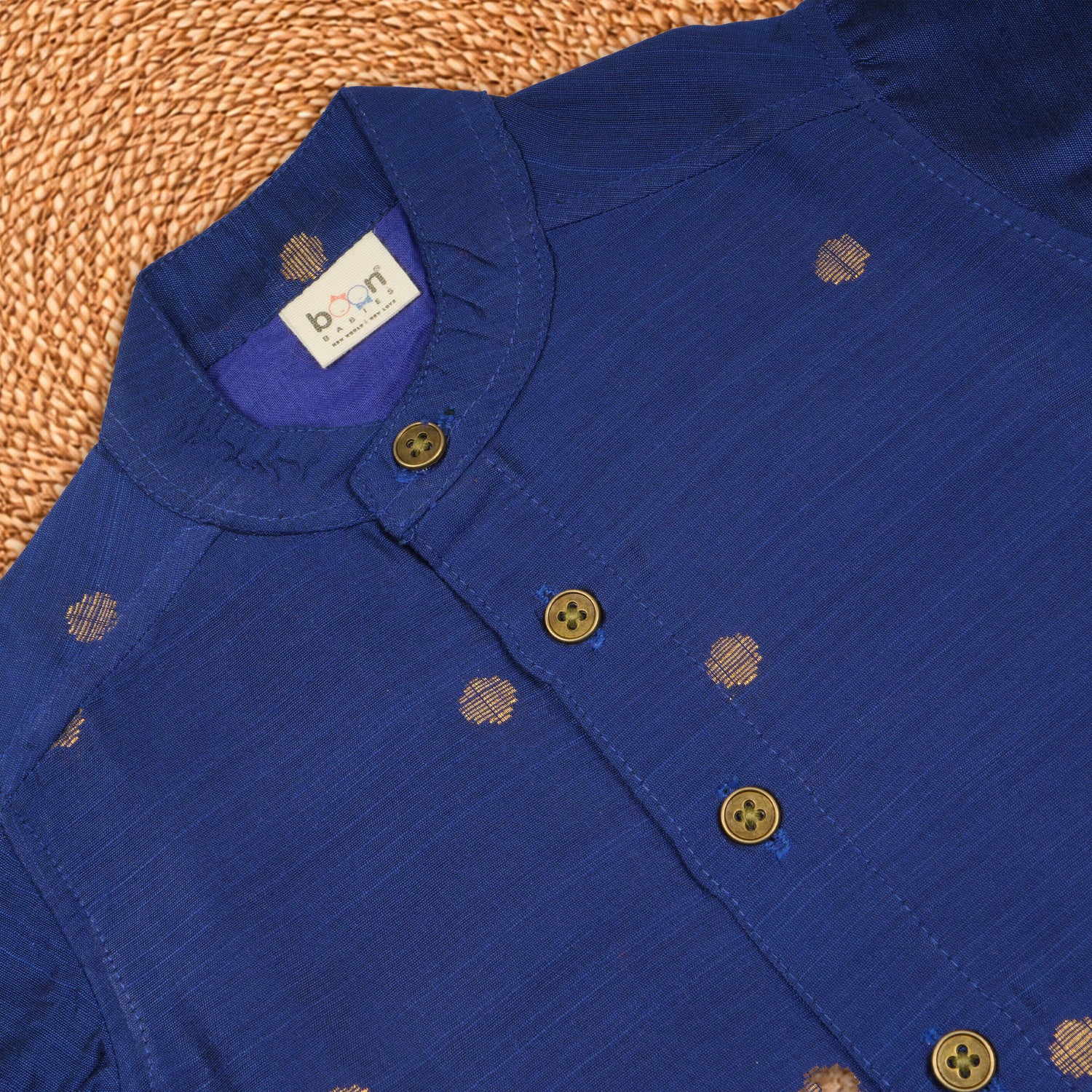 Boys royal blue silk Butta shirt and dhoti set by Booon Babies, traditional ethnic wear for boys, featuring intricate silk details.