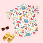 Boon Babies boys red jungle adventure co-ord set with printed shirt and shorts, featuring a Chinese collar and jungle print design.