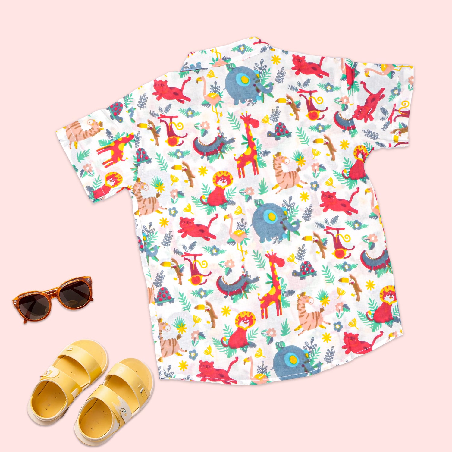 Boon Babies boys red jungle adventure co-ord set with printed shirt and shorts, featuring a Chinese collar and jungle print design.