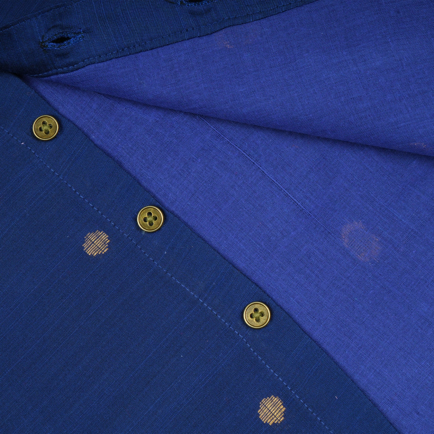 Boys royal blue silk ethnic shirt and dhoti set with traditional butta design, made by Booon Babies for festive occasions.
