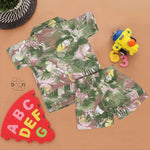 Boys' cotton co-ord set with open collar shirt and shorts, featuring green splash print – from Boon Babies, ideal for 12 months to 5 years.