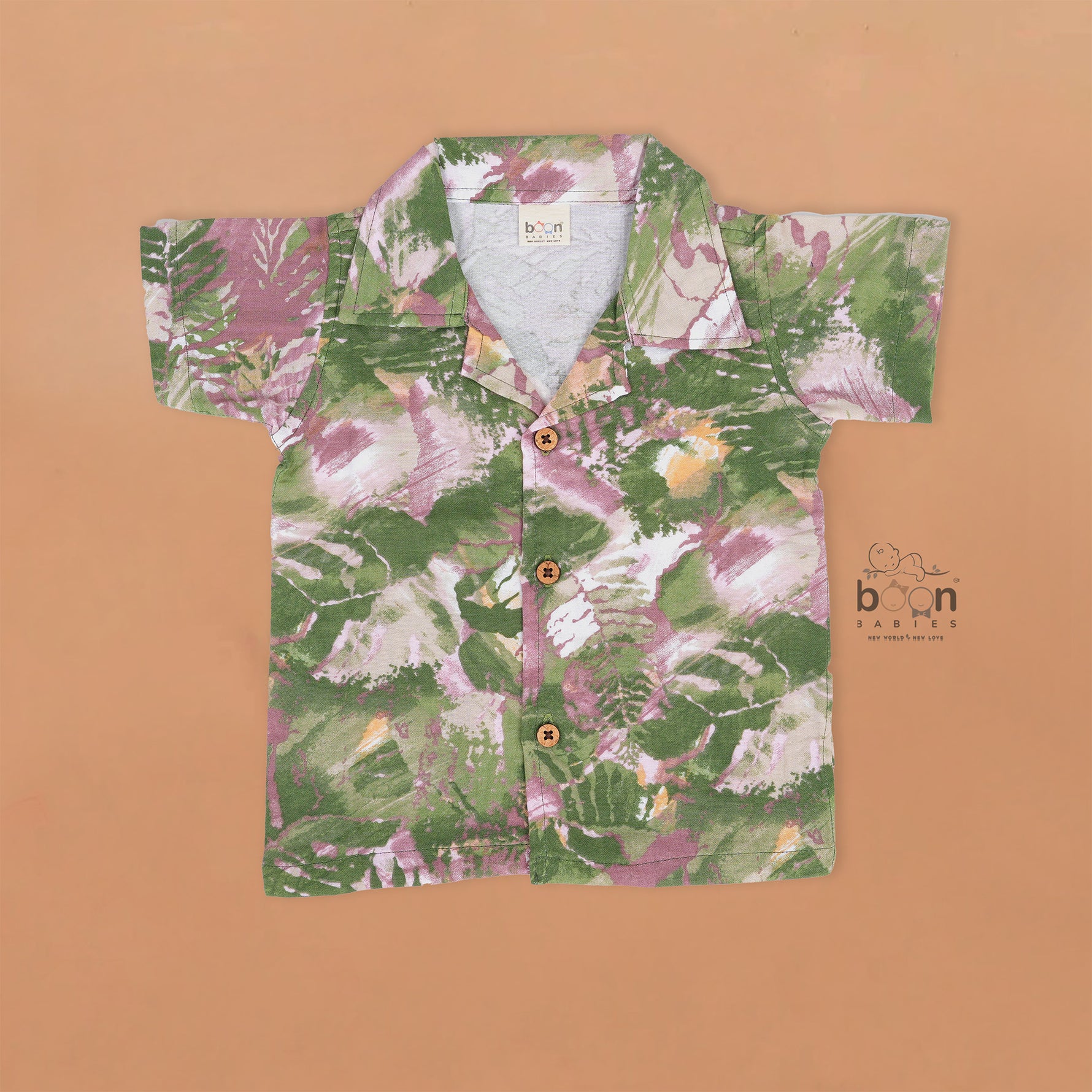 Boys' cotton co-ord set with open collar shirt and shorts, featuring green splash print – from Boon Babies, ideal for 12 months to 5 years.