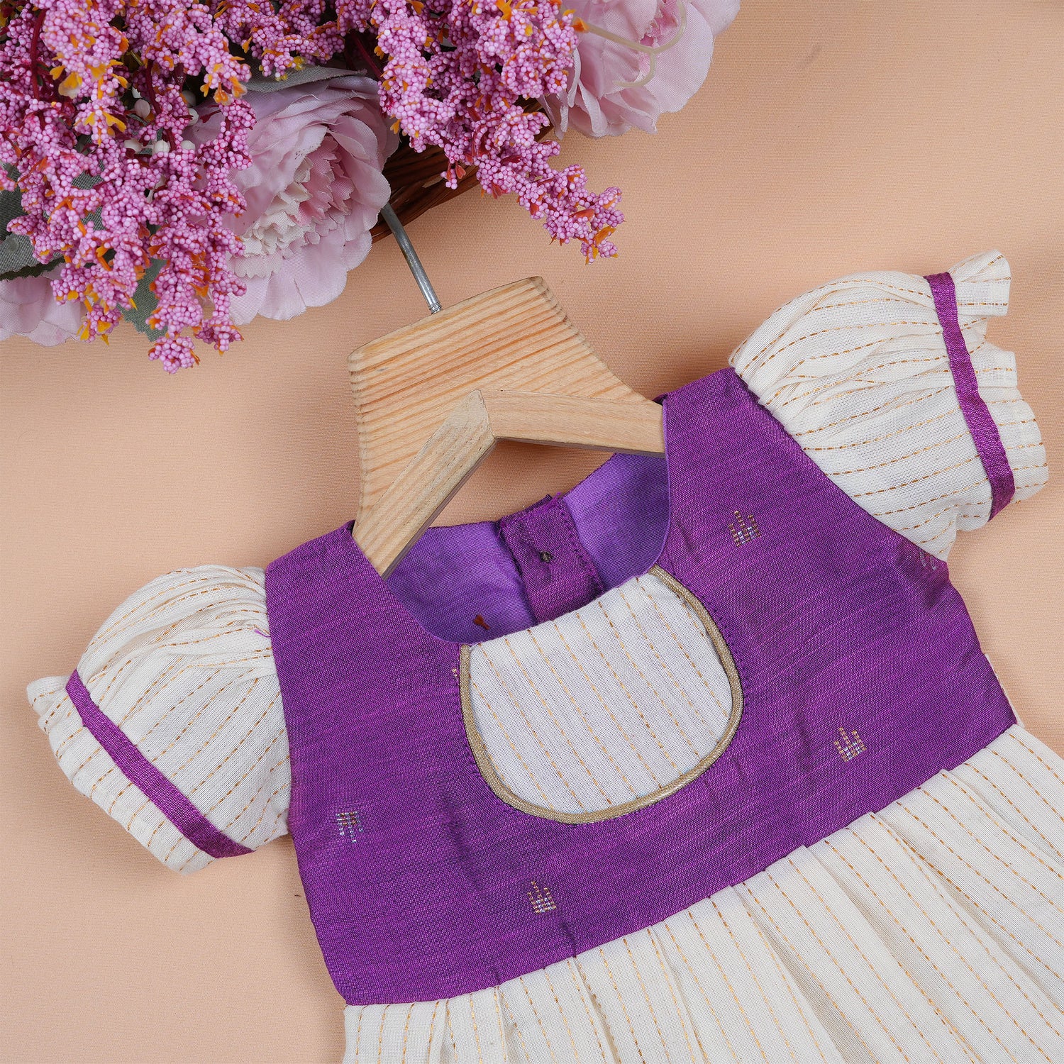 Purple & Cream Silk Puff Paa Neck Frock with Golden Zari Stripes