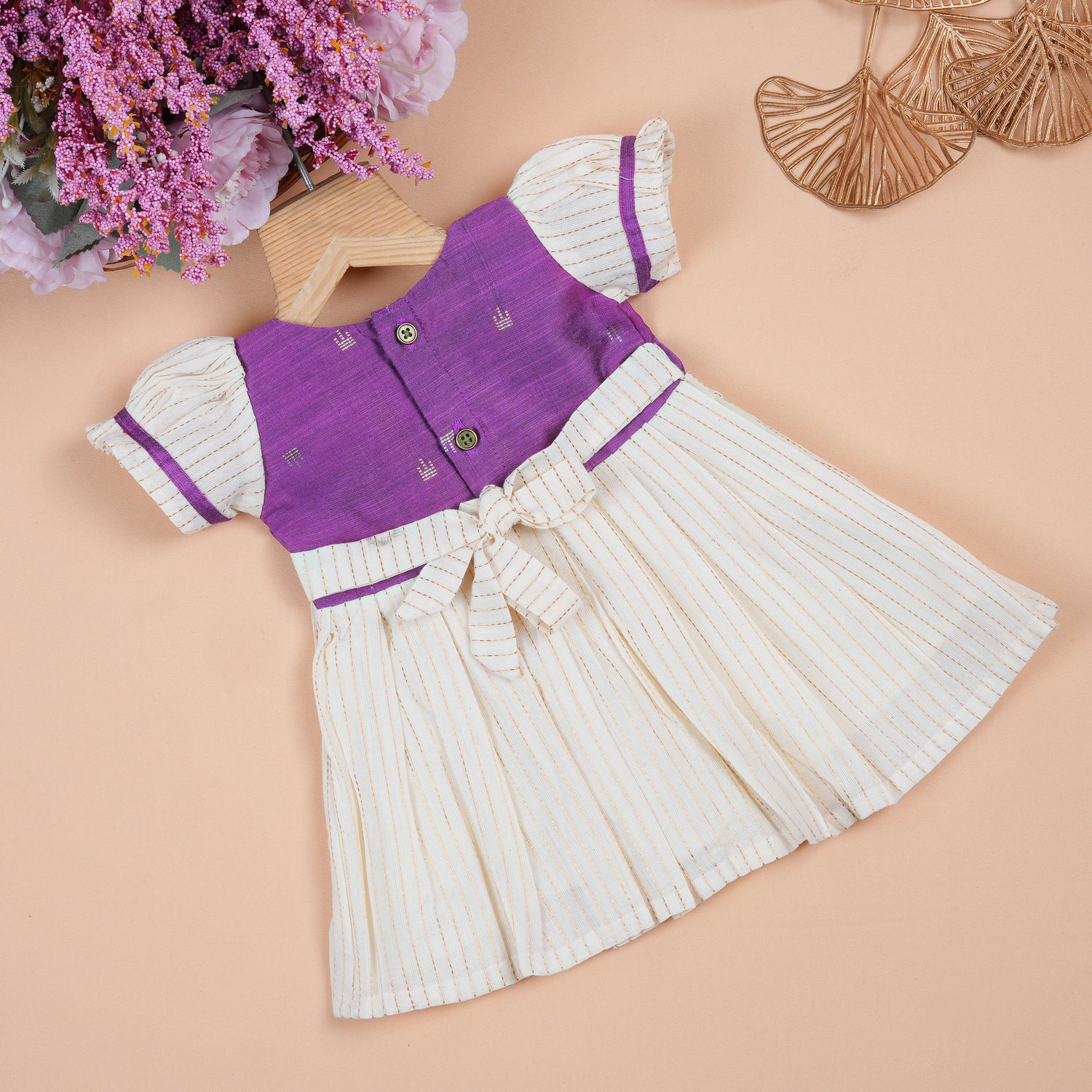 Purple & Cream Silk Puff Paa Neck Frock with Golden Zari Stripes