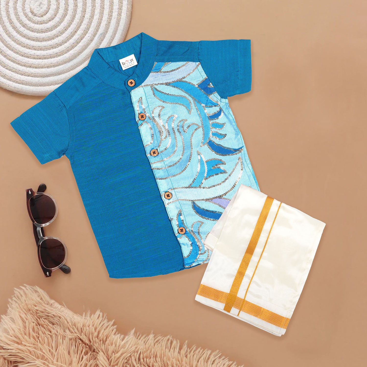 Royal Blue Silk Panel Shirt with Cream Pattu Dhoti – Festive Ethnic Wear for Boys