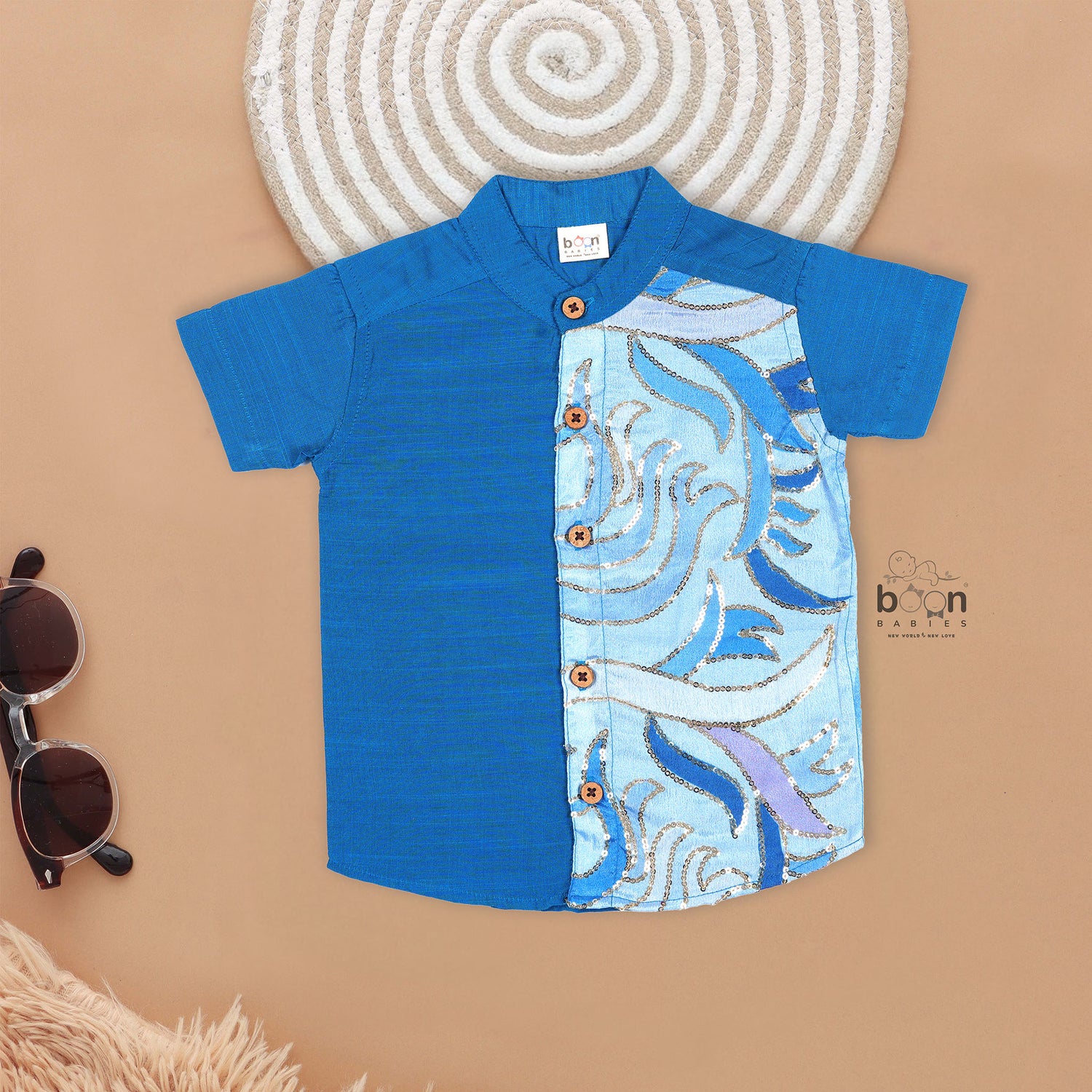 Royal Blue Silk Panel Shirt with Cream Pattu Dhoti – Festive Ethnic Wear for Boys