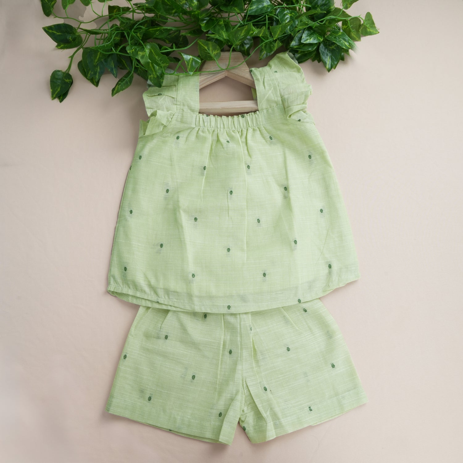 Girls Mint Green Handloom Cotton Summer Co-ord Set
