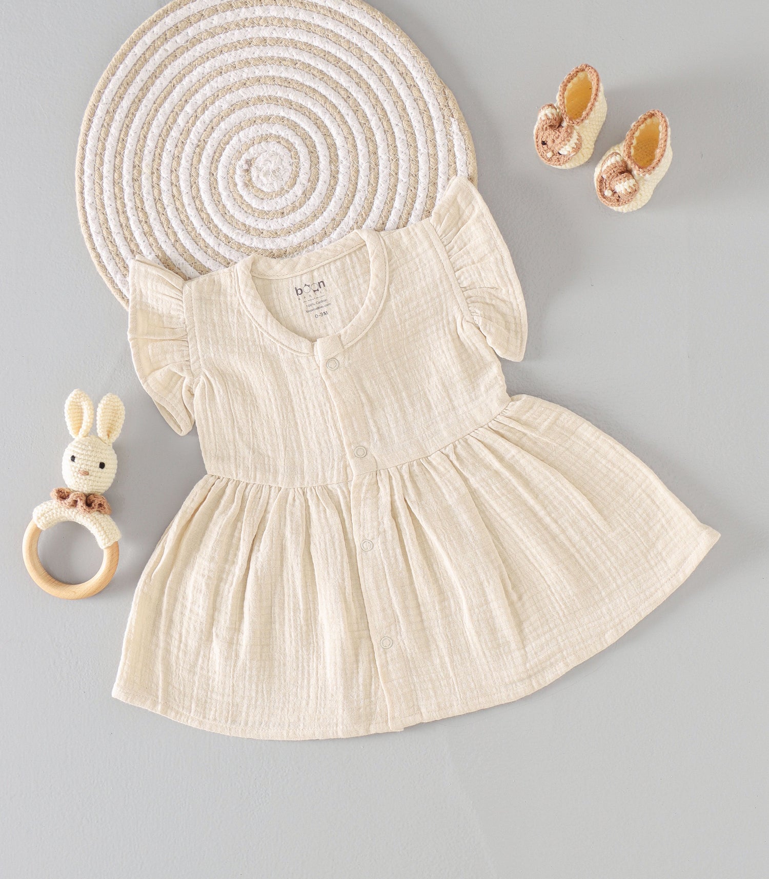 Beige Cream Crinkled Muslin Frill Frock – Classic Soft Elegance for Little Ones