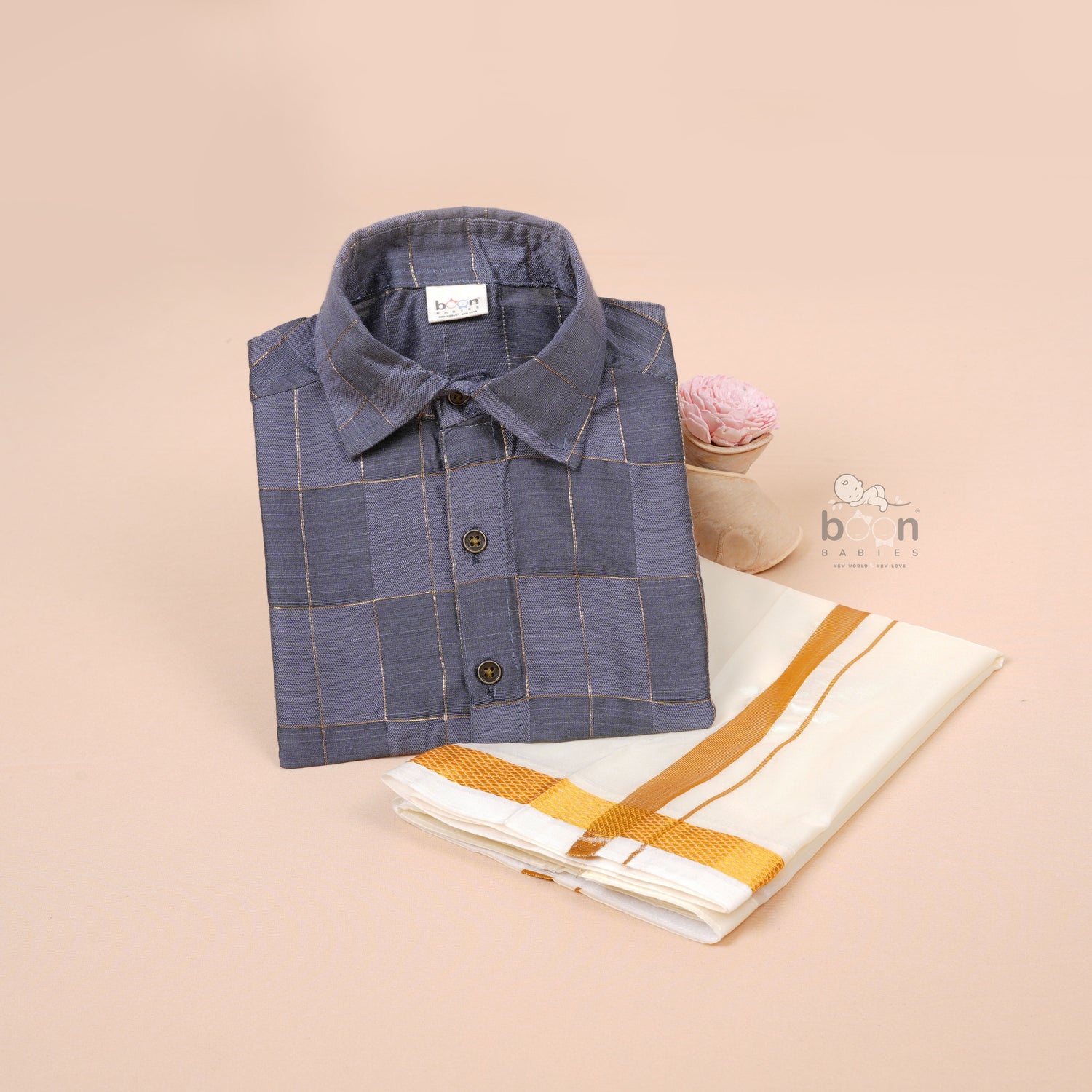Lite Grey Silk Boys Ethnic Shirt & Dhoti Set – Elegant Traditional Look