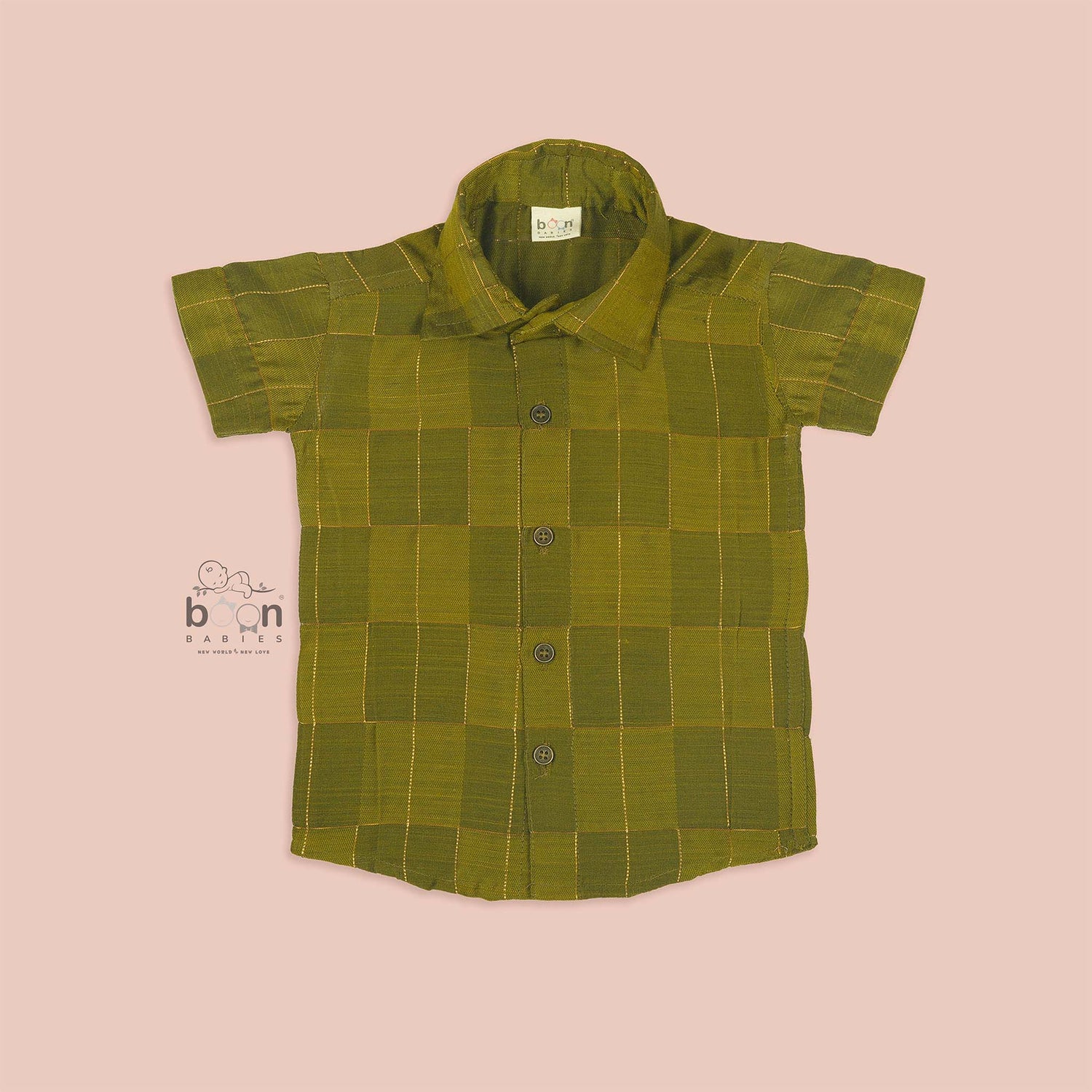 Olive green silk shirt with golden check pattern, folded neatly – traditional ethnic wear for baby boys from Boon Babies, Coimbatore.