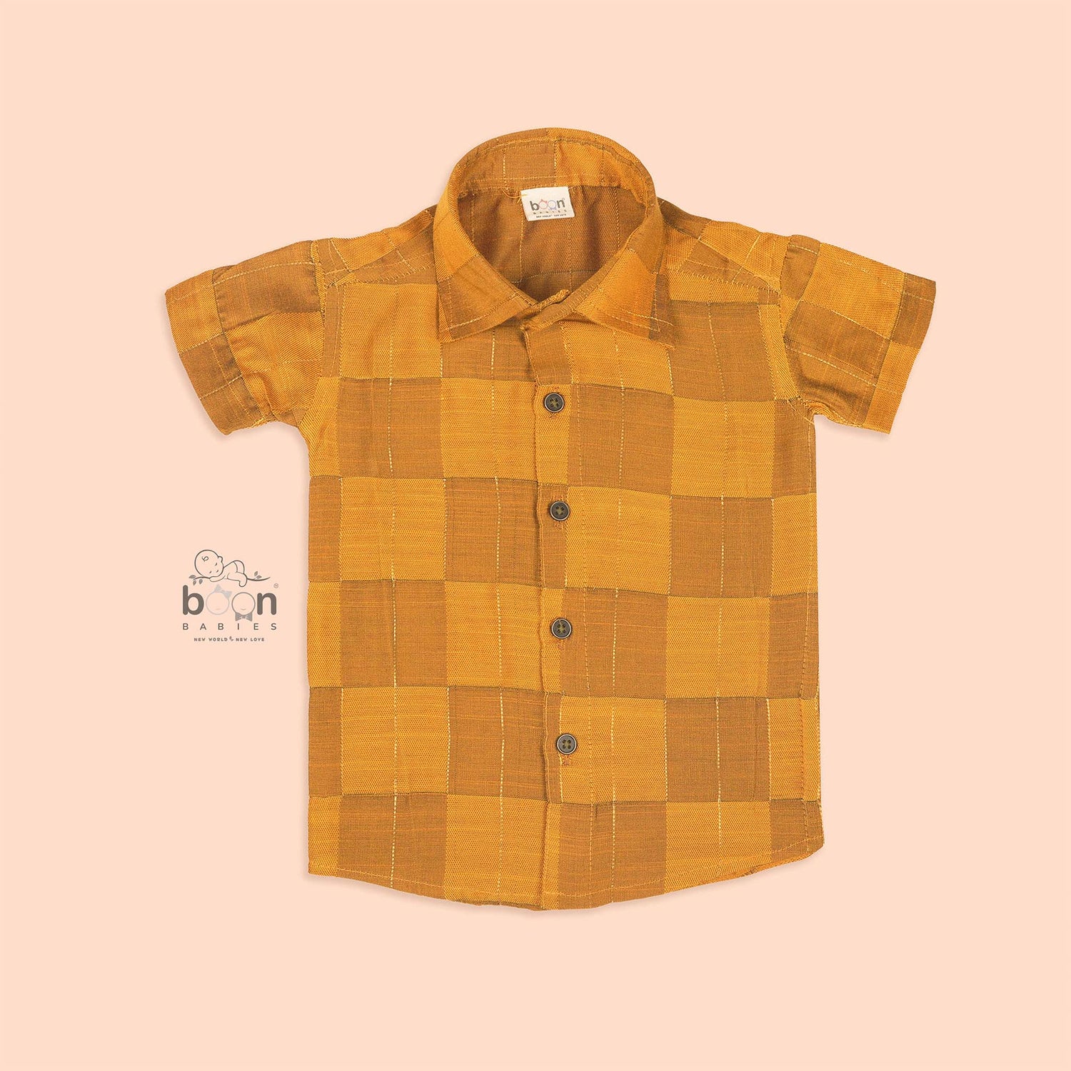 Mustard yellow checkered silk shirt for boys with button-down front – festive wear for 12 months to 5 years from Boon Babies.