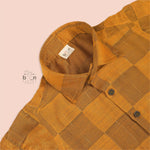 Mustard yellow checkered silk shirt for boys with button-down front – festive wear for 12 months to 5 years from Boon Babies.
