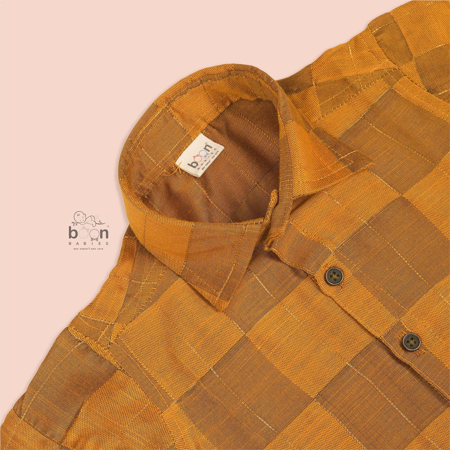 Mustard yellow checkered silk shirt for boys with button-down front – festive wear for 12 months to 5 years from Boon Babies.