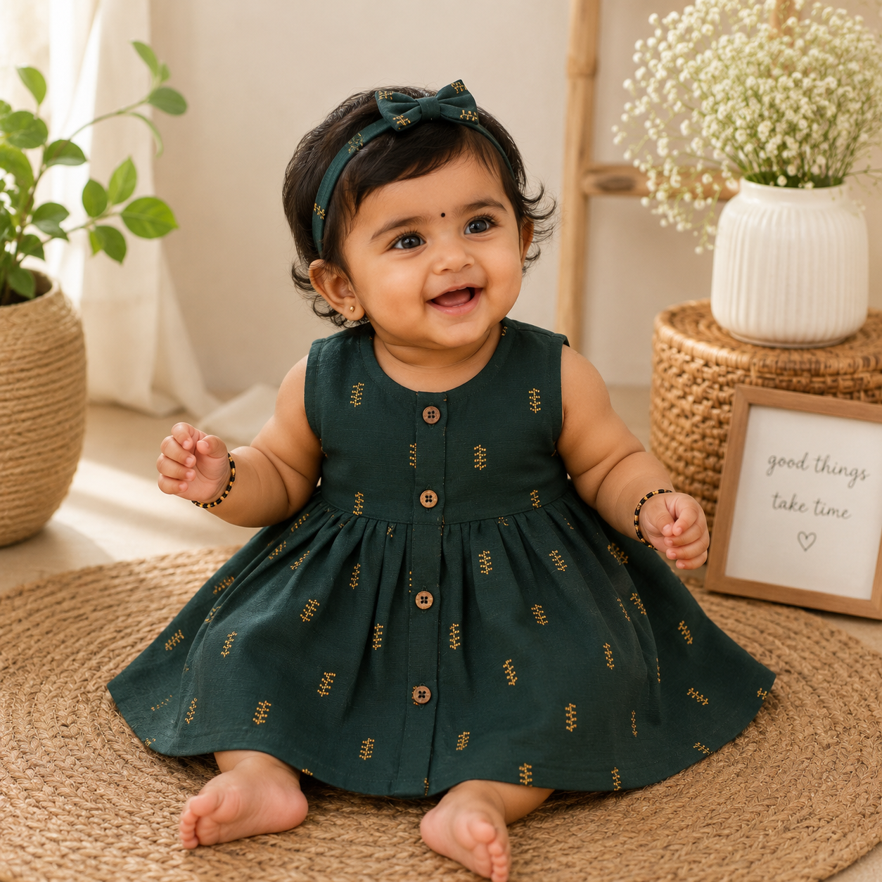 Premium Ethnic Sleeveless Frock for Baby Girls - Green