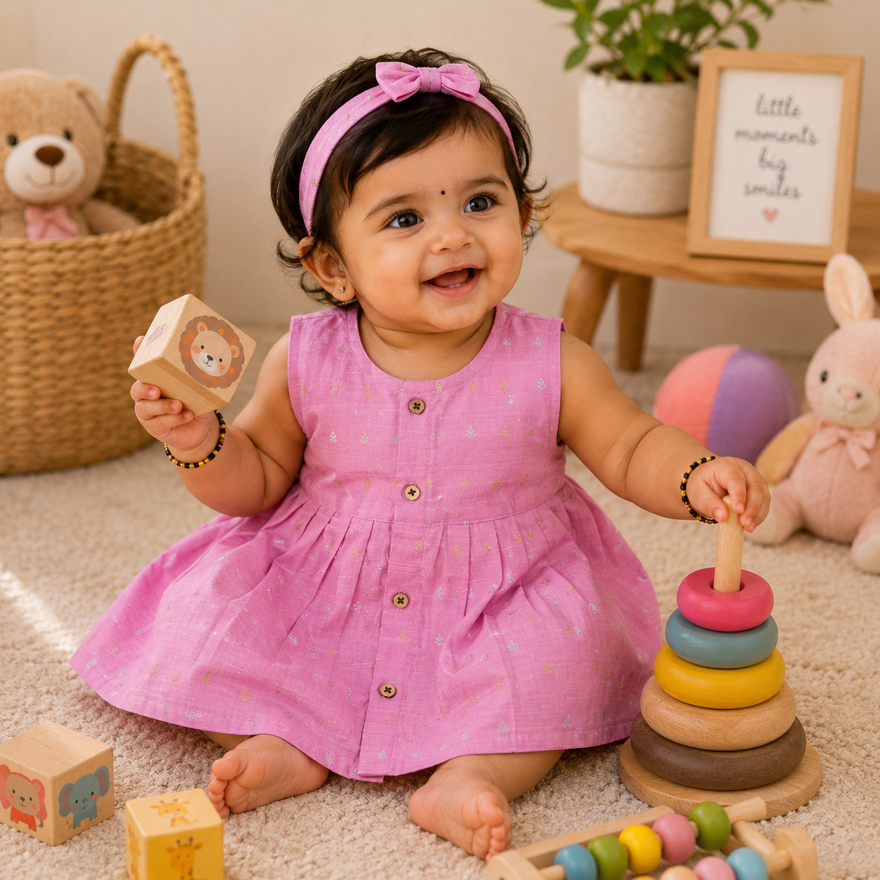 Baby girl ethnic sleeveless frock in baby pink by Boon Babies, featuring traditional design and soft fabric for special occasions.