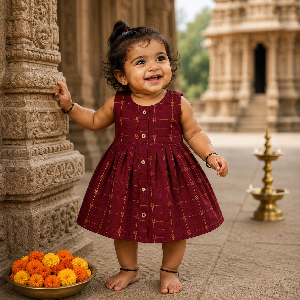 Baby girl wearing a red ethnic sleeveless frock by Boon Babies, traditional style with decorative embroidery.