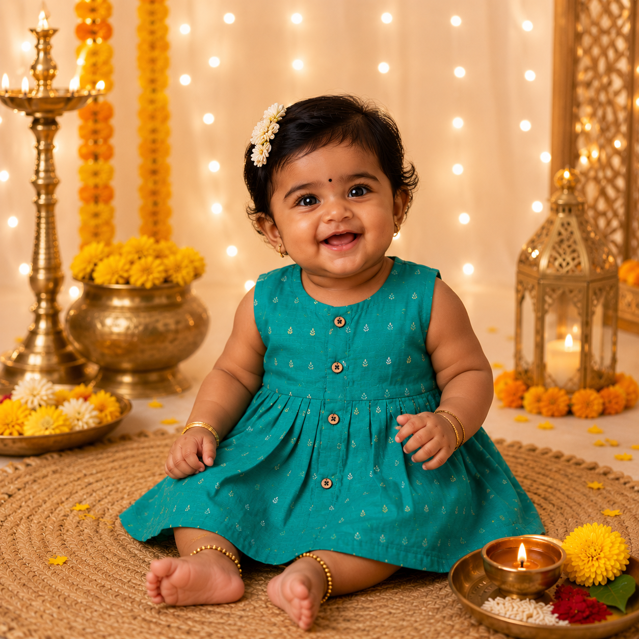 Sea green ethnic sleeveless frock for baby girls by Boon Babies, featuring traditional design and comfortable fabric.