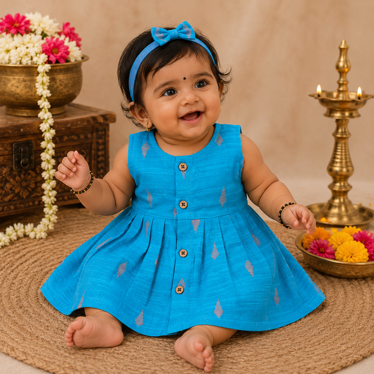 Baby girl ethnic sleeveless frock in blue by Boon Babies, featuring traditional design and comfortable fabric.