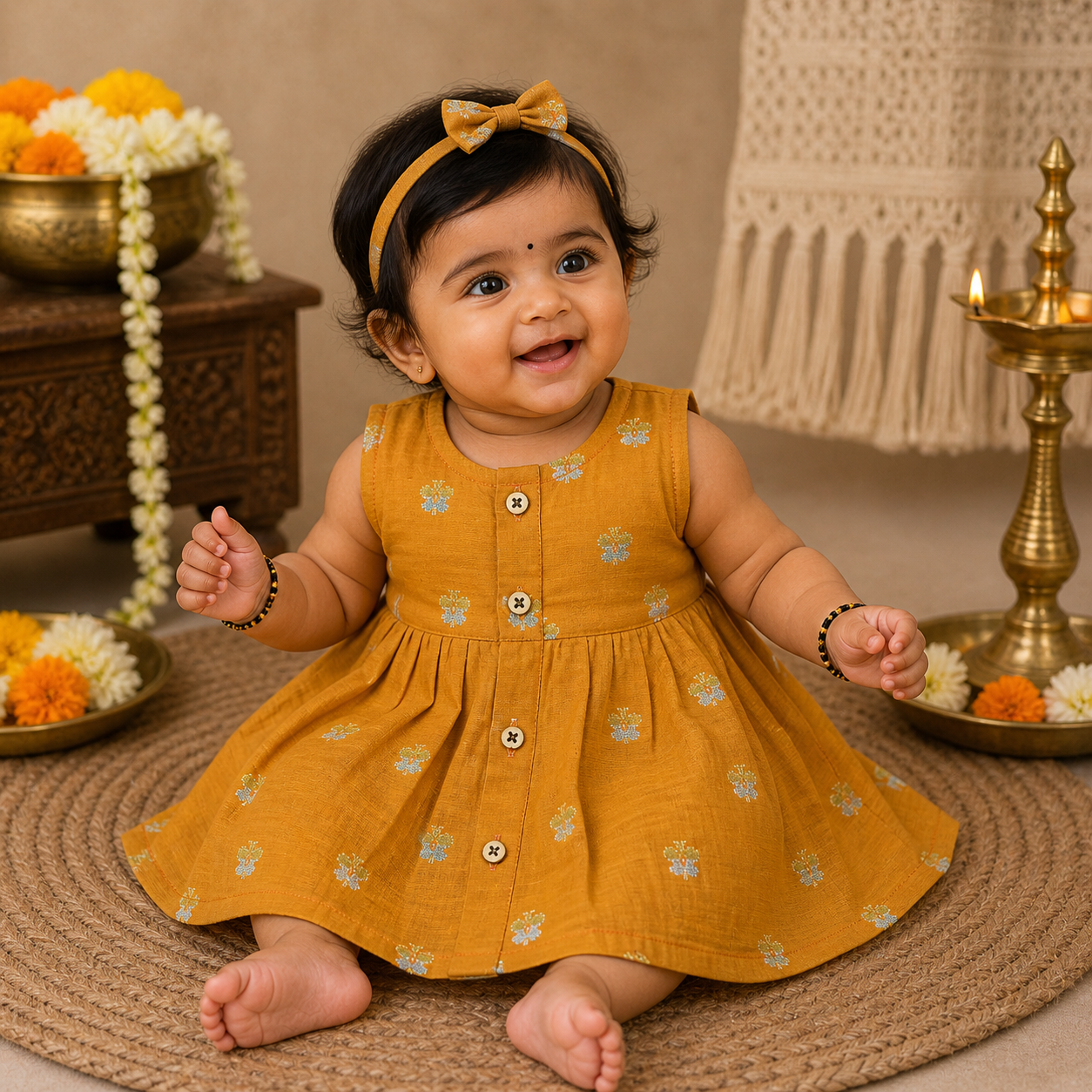 Premium Ethnic Sleeveless Frock for Baby Girls - Mustard yellow