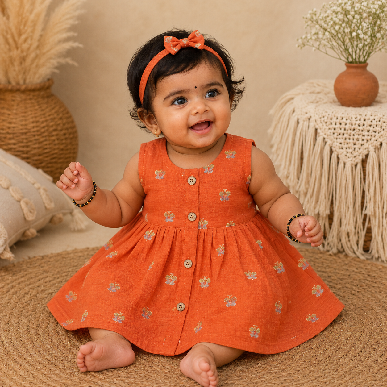 Baby girl ethnic sleeveless frock in orange by Boon Babies, featuring traditional design and comfortable fabric.