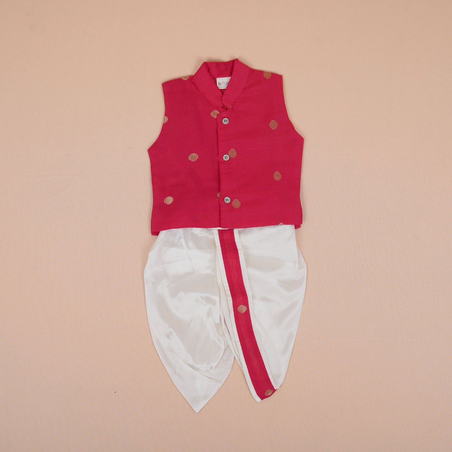 Boys Silk Panchagajam Set with Red Mandarin Collar Vest – Festive Ethnic Wear