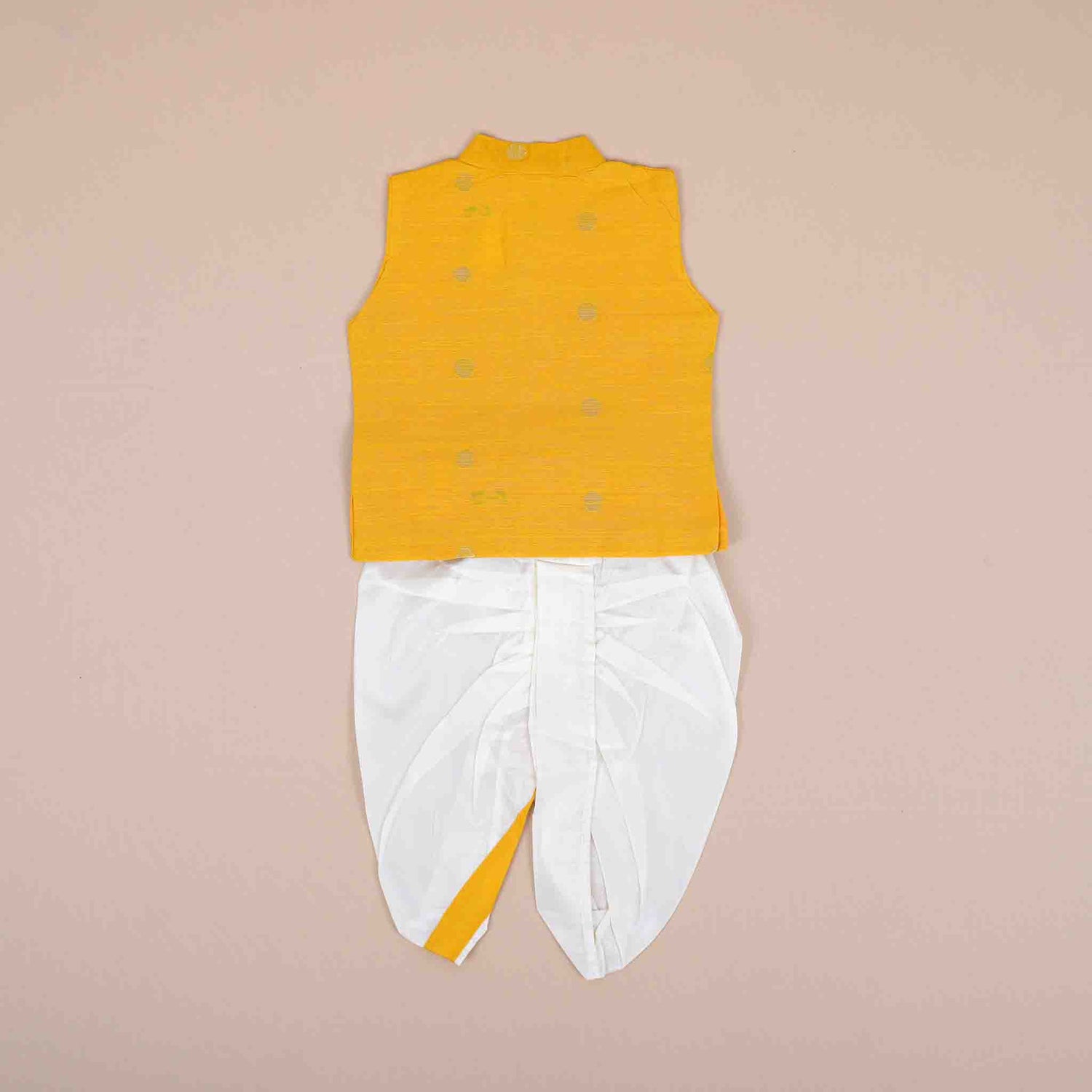 Boys Yellow Silk Panchagajam Set with Mandarin Collar Vest – Traditional Style