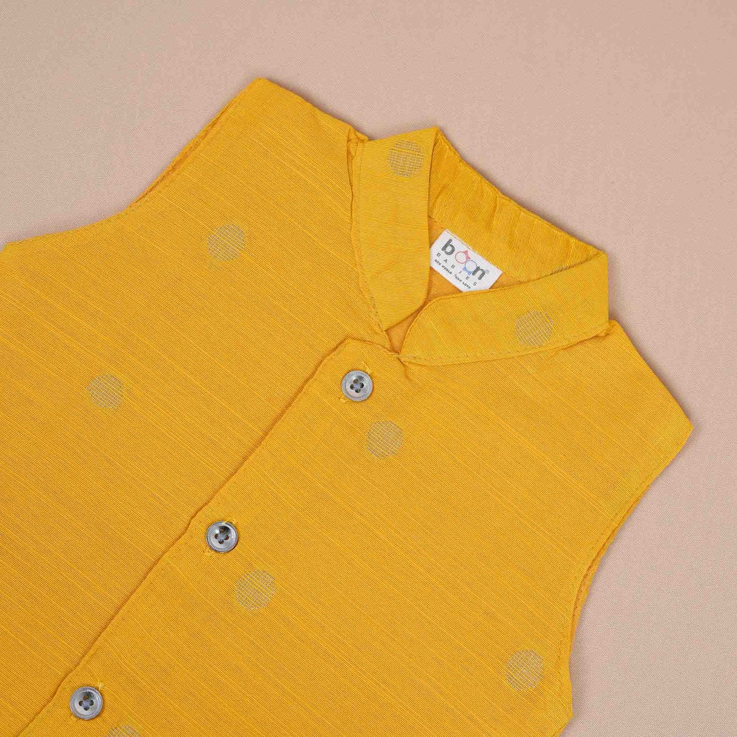 Boys Yellow Silk Panchagajam Set with Mandarin Collar Vest – Traditional Style