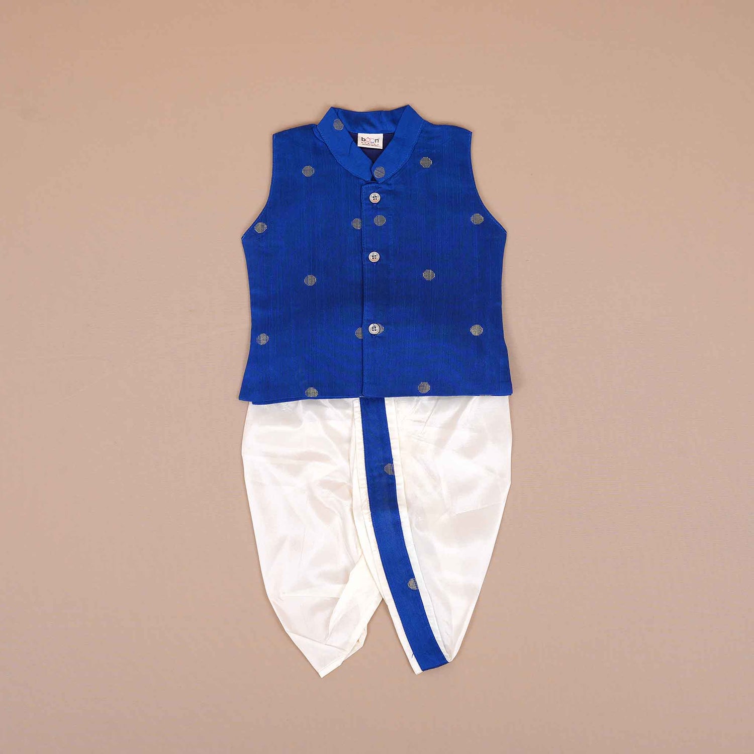 Boys Royal Blue Silk Panchagajam Set with Mandarin Collar Vest – Ethnic Charm