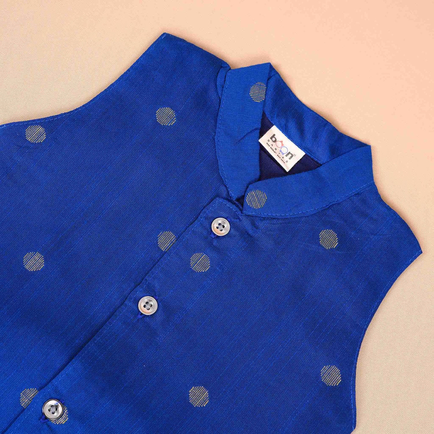 Boys Royal Blue Silk Panchagajam Set with Mandarin Collar Vest – Ethnic Charm