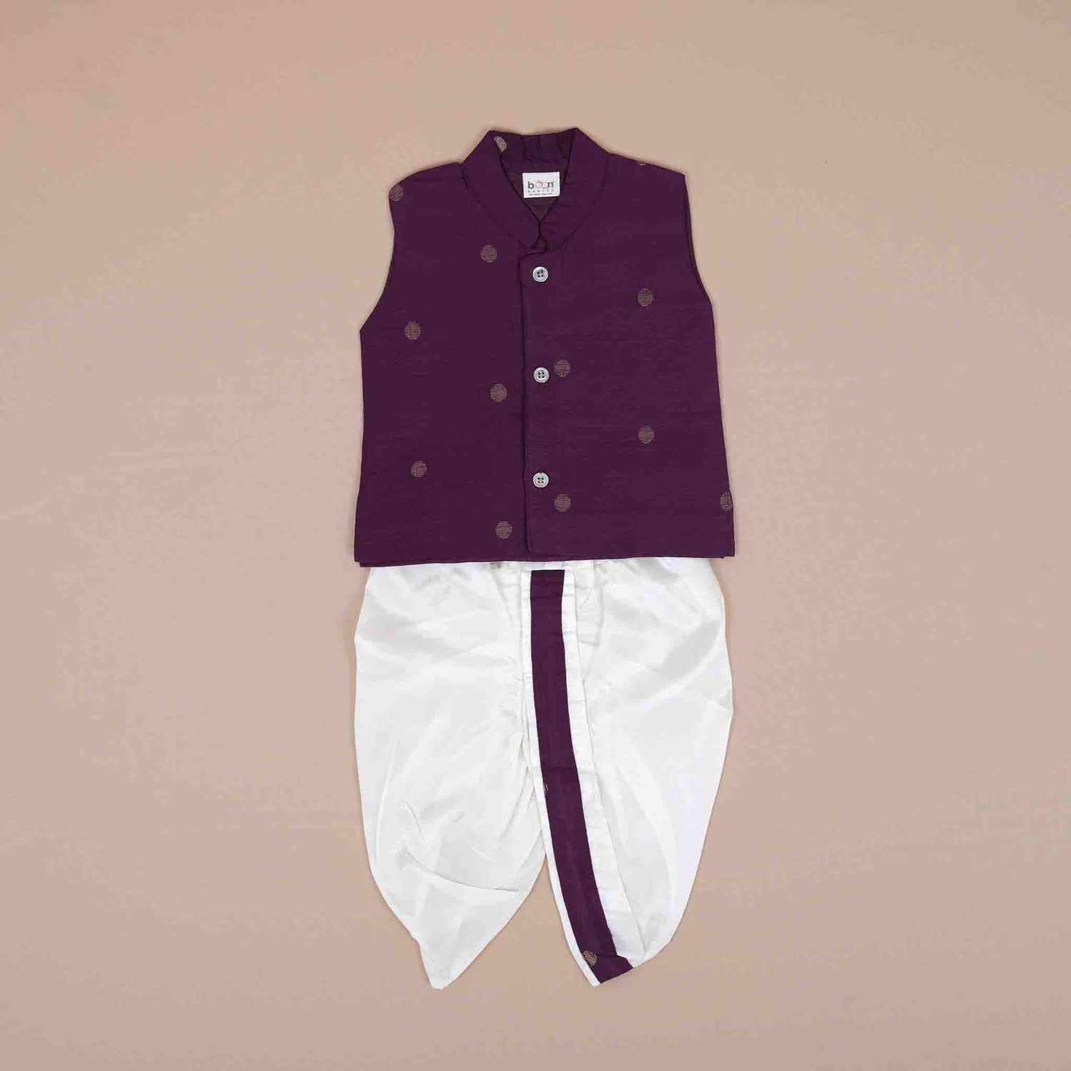 Elegant Wine Silk Panchakacham Set with Mandarin Collar for Baby Boys