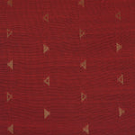 Red silk shirt for boys with gold triangle woven motifs, shown with white pattu dhoti – traditional outfit by Boon Babies.
