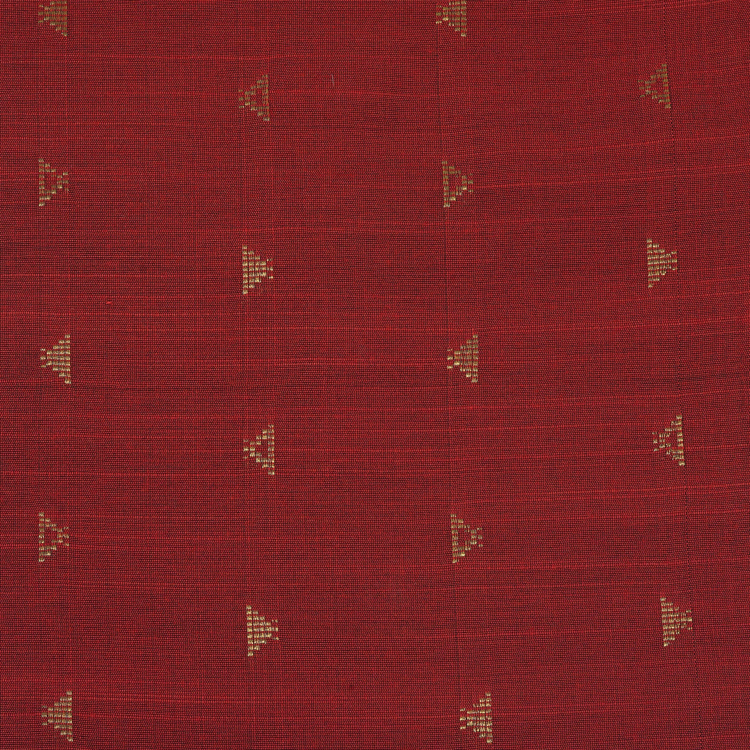 Red silk shirt for boys with gold triangle woven motifs, shown with white pattu dhoti – traditional outfit by Boon Babies.
