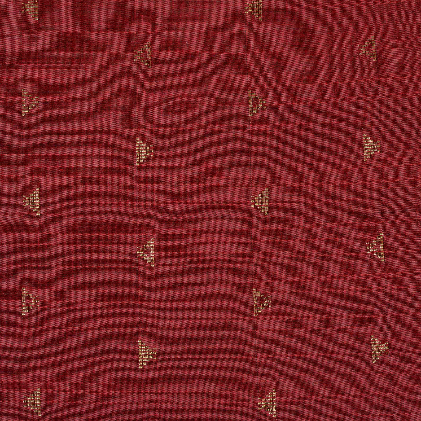 Red silk shirt for boys with gold triangle woven motifs, shown with white pattu dhoti – traditional outfit by Boon Babies.
